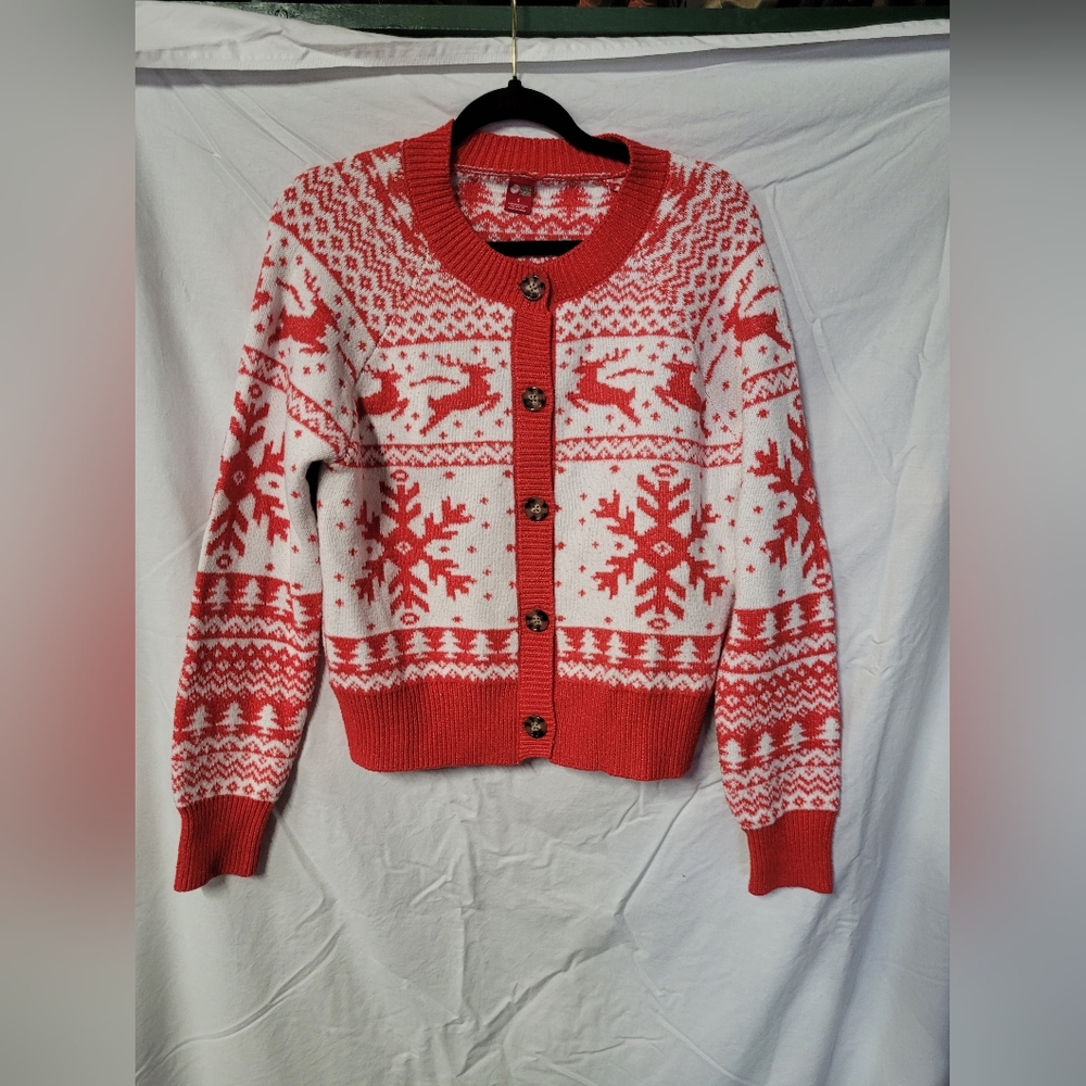 Festive Red and White Snowflake Cardigan